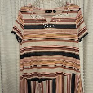 Onque Casuals Pink Multi-Stripe Short Sleeve Top with Stud Accents